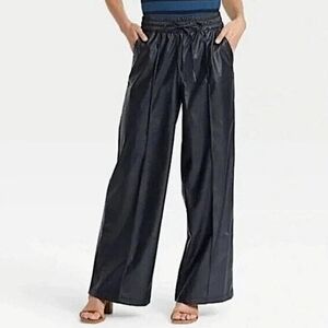 Who What Wear Pleather Pants Wide Leg High Waist Rise Faux Leather Pockets Med.